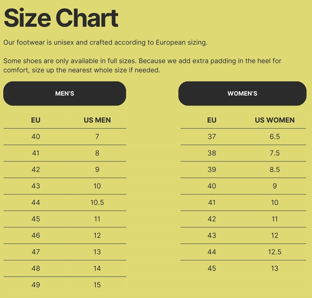 IVEES Sneakers - Size Chart